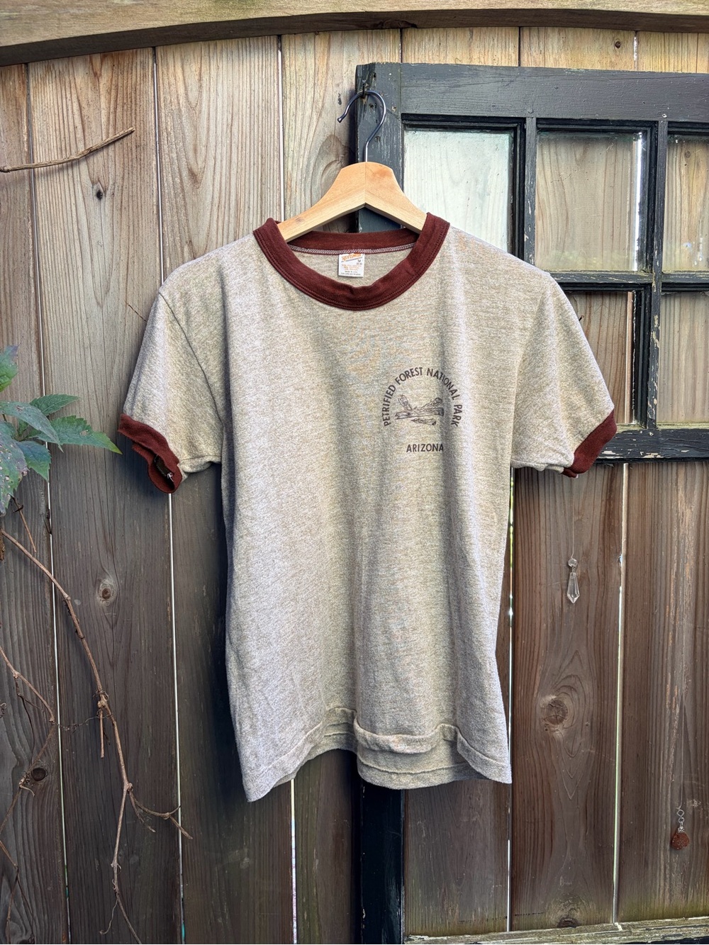 Vintage-Style Gray Ringer T-Shirt with Brown Trim